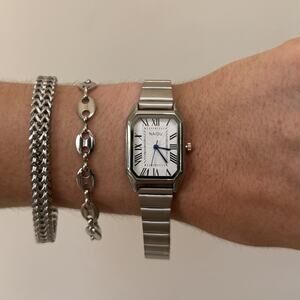 Y2K Silver Rectangle Quartz Watch with Roman Numerals Unisex 8.5" New